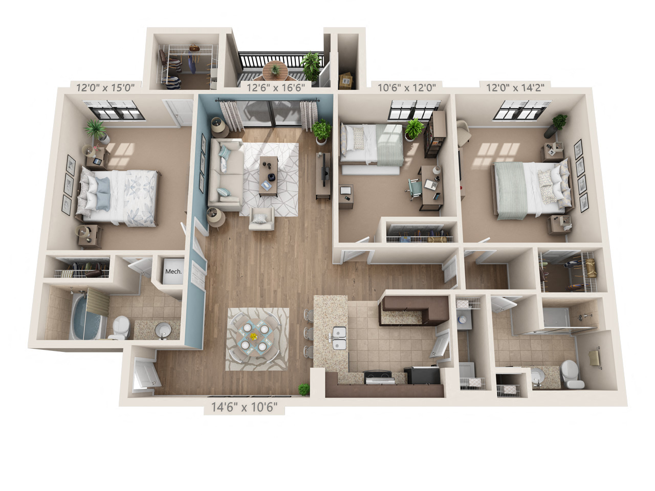 Floor plan for 3 beds, 2 baths, 1387 sqft